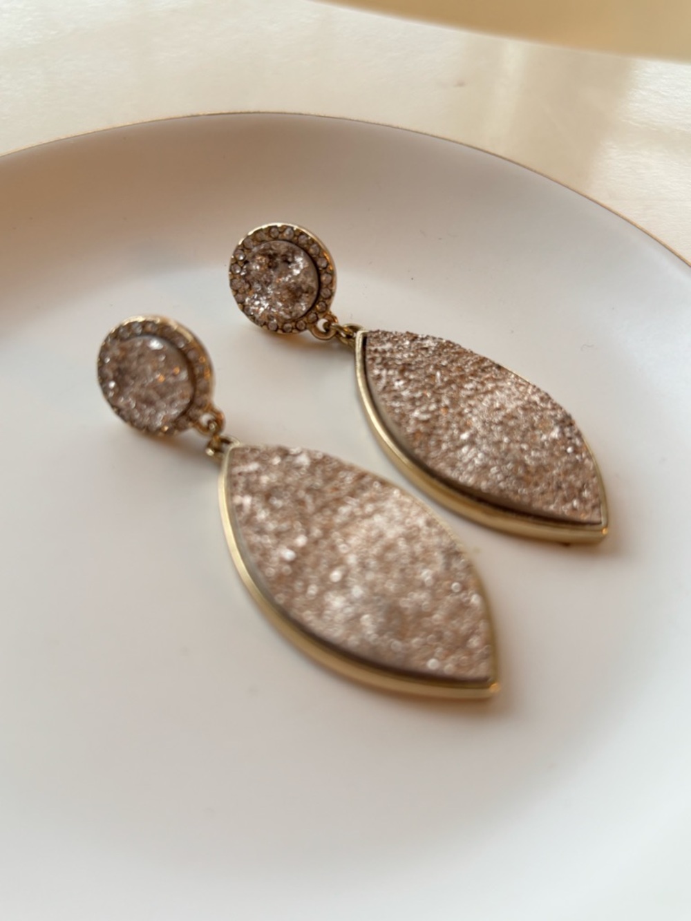 Sparkling Rose Gold Druzy Marquise Drop Earrings